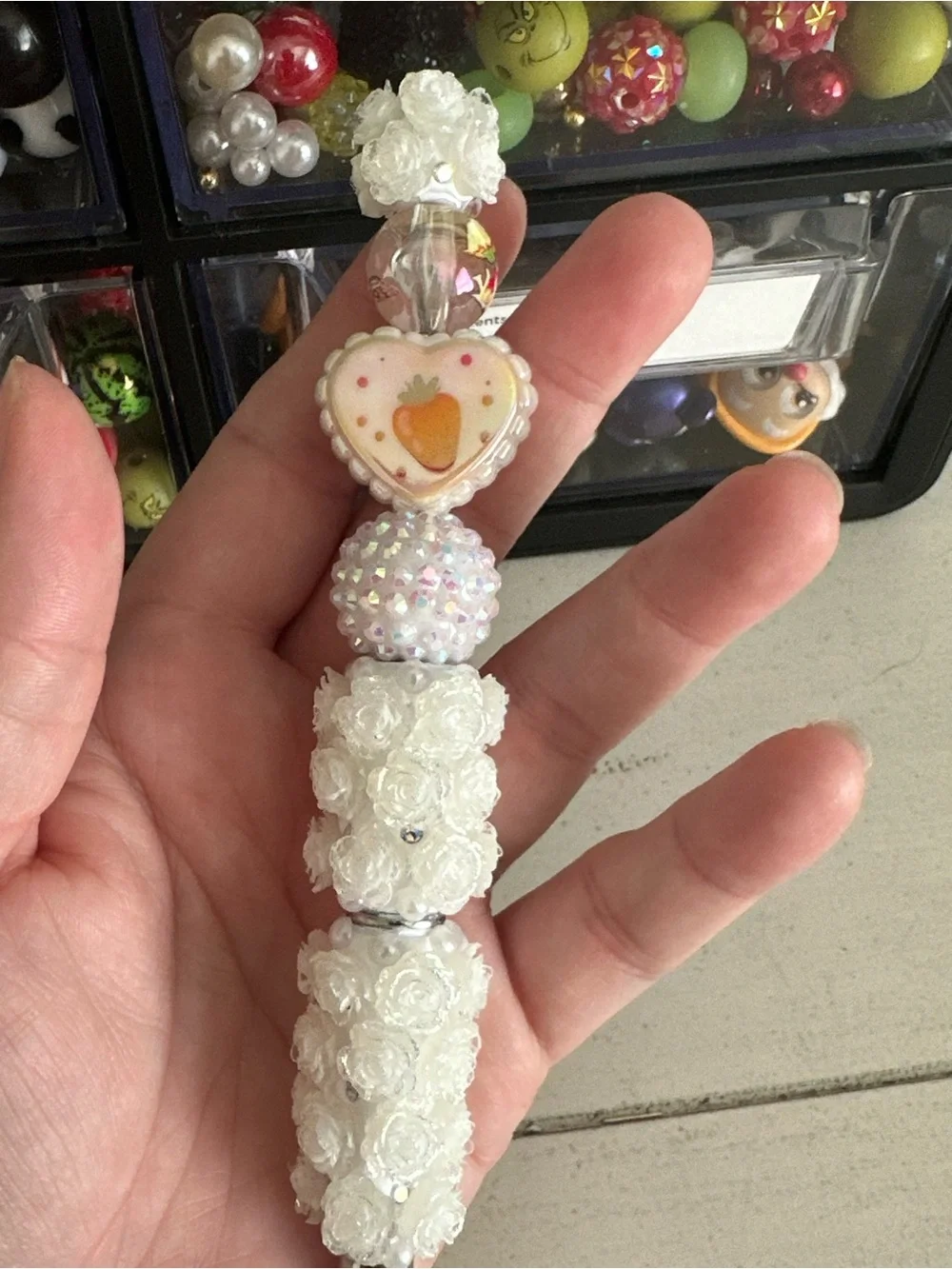 Handmade White Floral Heart Beaded Pen with Strawberry accent